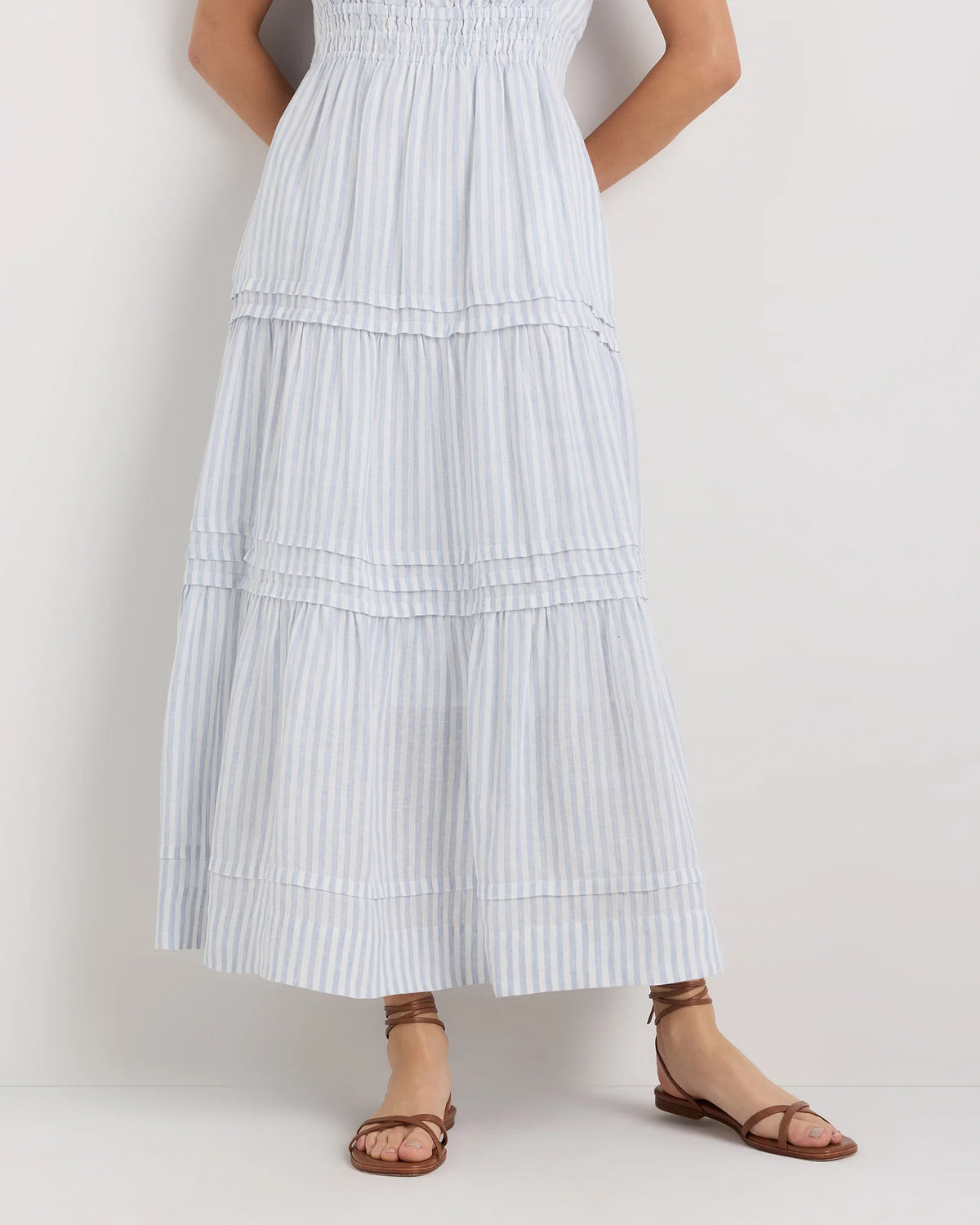 100% European Linen Tiered Maxi Dress - XS / Ivory Porcelain Blue Petite Floral