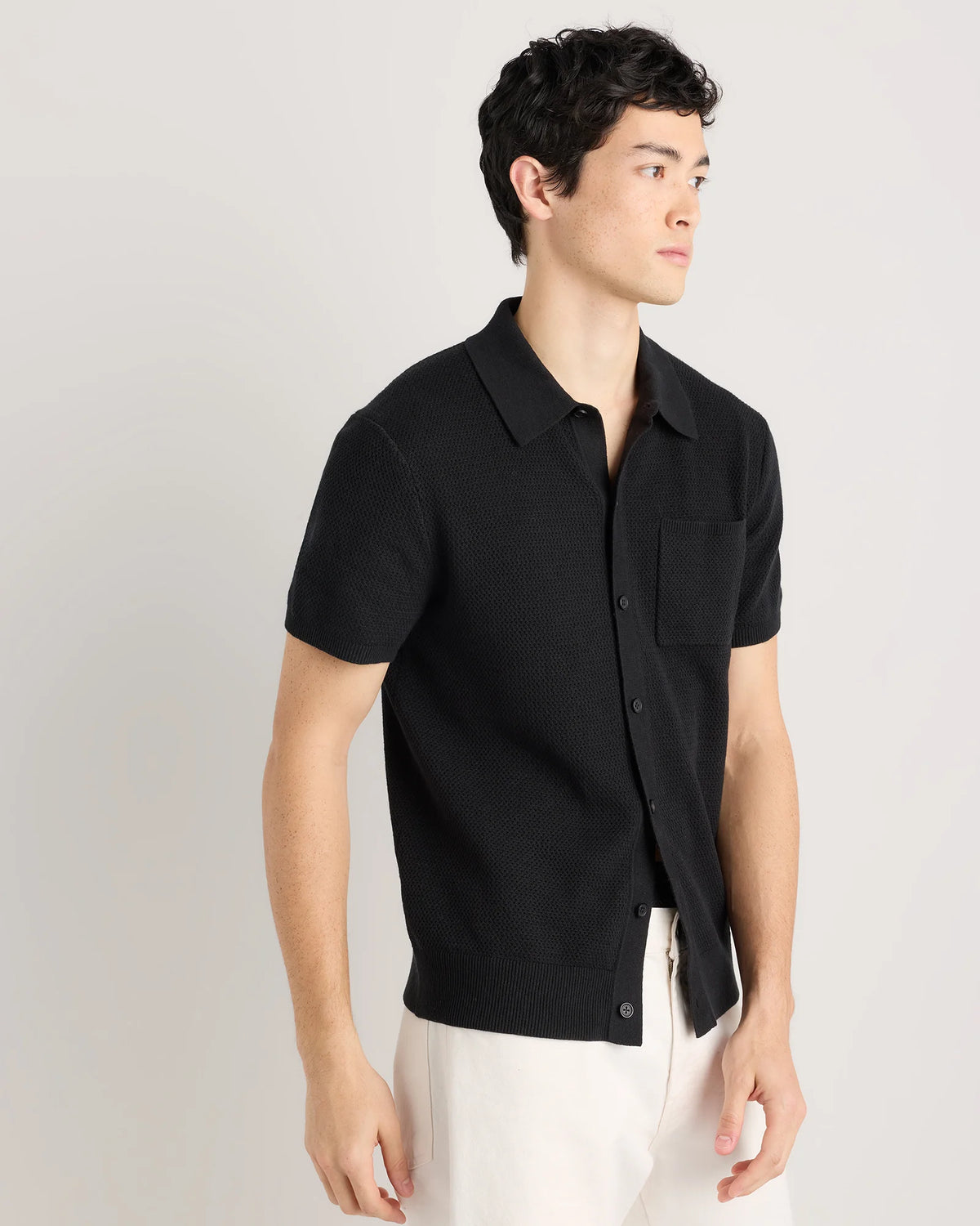 100% Organic Cotton Mesh-Stitch Button-Up Sweater Polo - XS / Speckled Beige