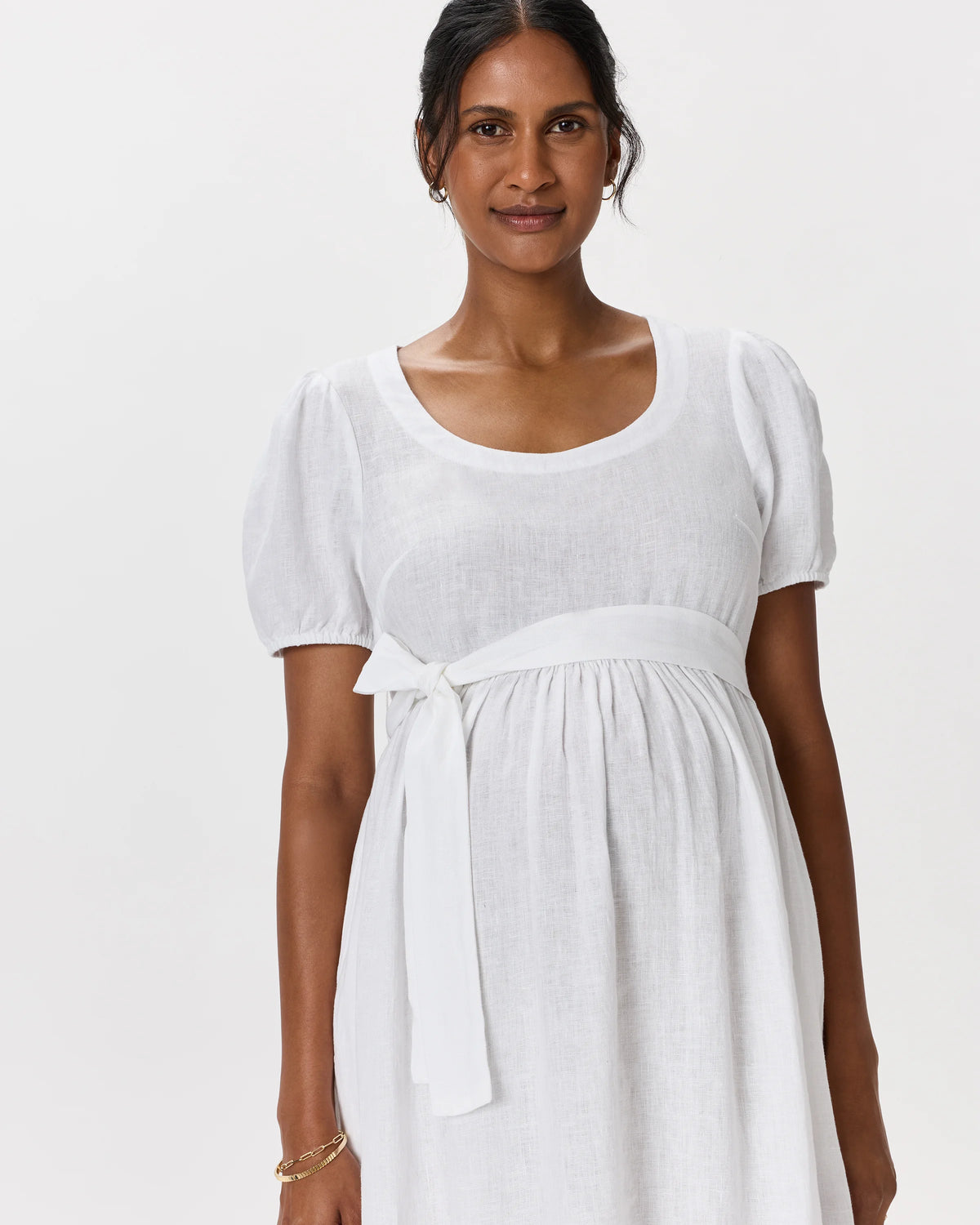 100% European Linen Maternity Short Sleeve Midi Dress - XS / Ivory Porcelain Blue Petite Floral