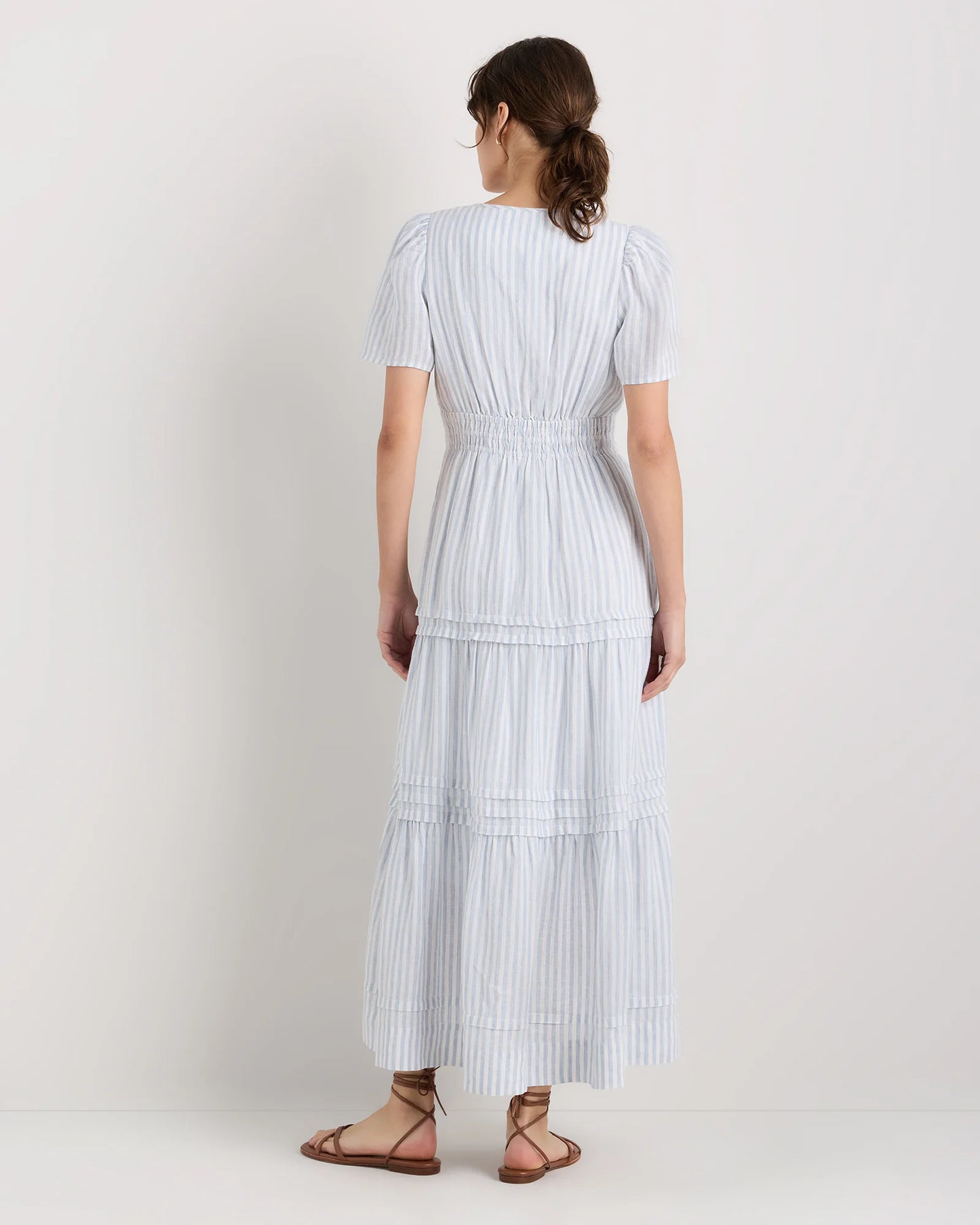 100% European Linen Tiered Maxi Dress - XS / Ivory Porcelain Blue Petite Floral