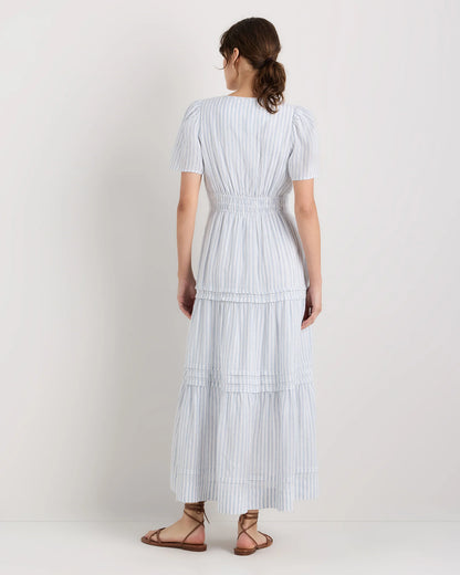 100% European Linen Tiered Maxi Dress - XS / Ivory Porcelain Blue Petite Floral
