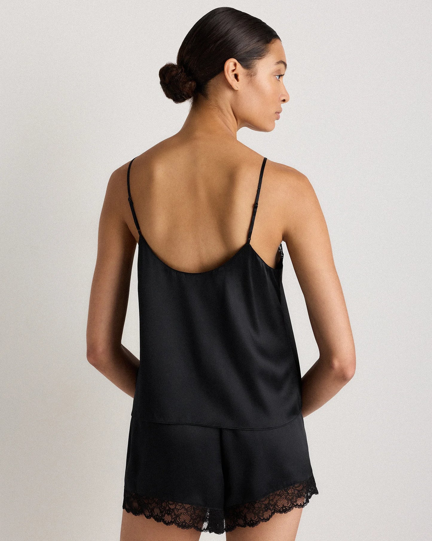 100% Washable Silk Satin Lace Cami Pajama Top - XS / Black