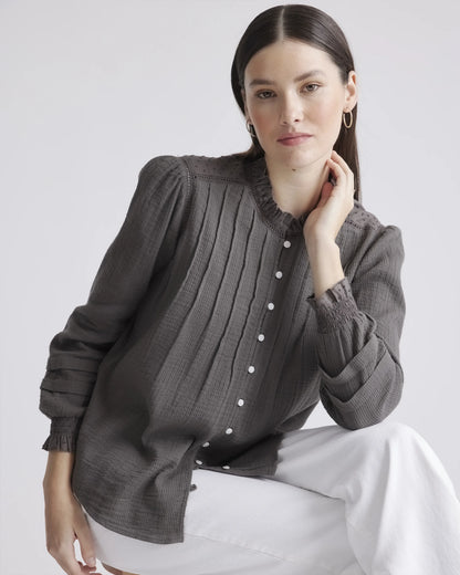 Organic Textured Cotton Peasant Blouse - XS / Pale Custard Yellow