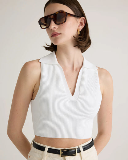Cropped Polo Ribbed Knit Tank - XS / White