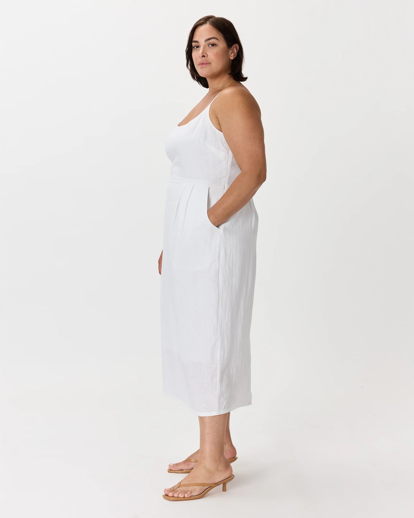 100% European Linen Scoop Neck Midi Dress - 1X / Deep Navy