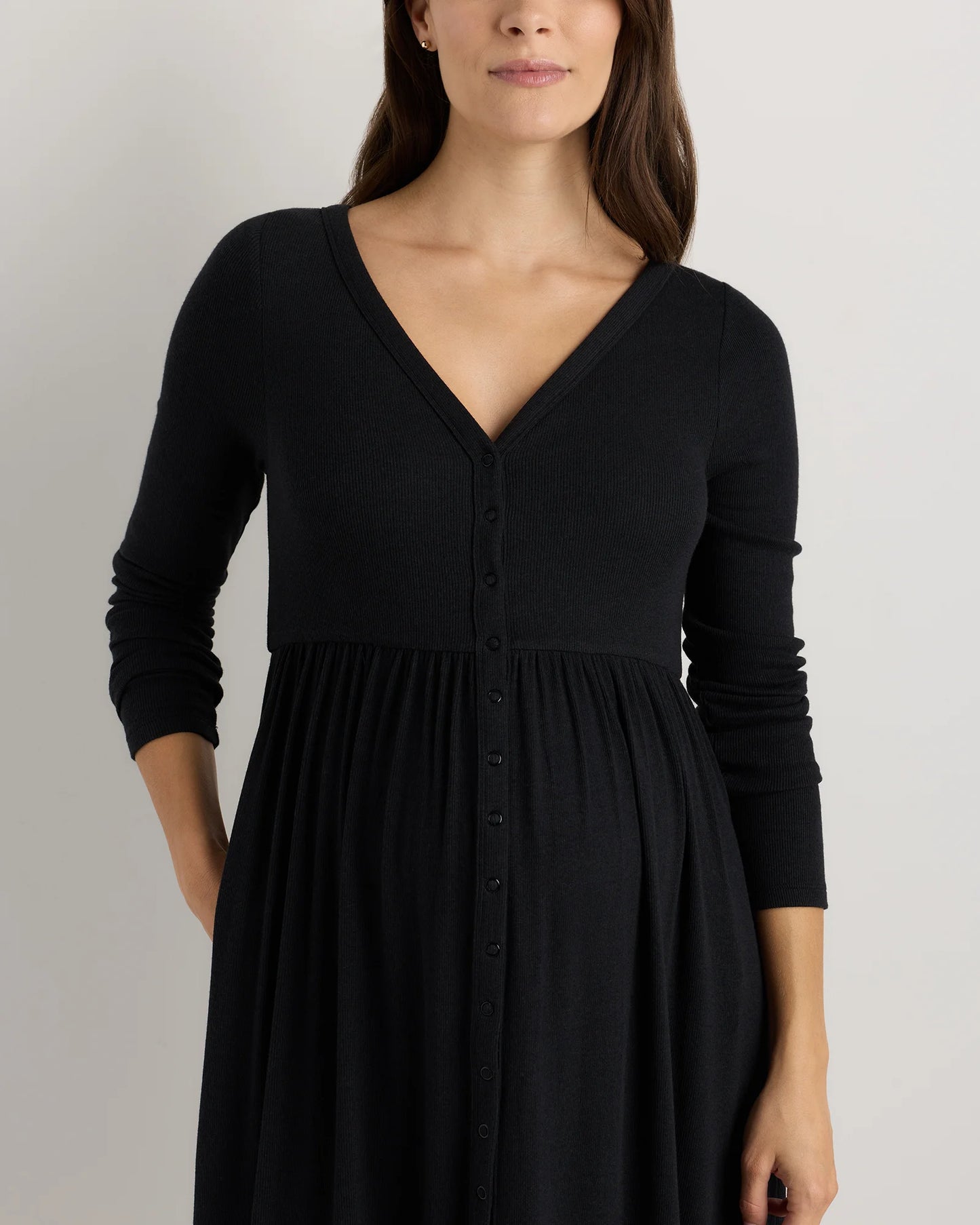 Bamboo Rib Maternity Long Sleeve Button Front Dress - XS / Classic White