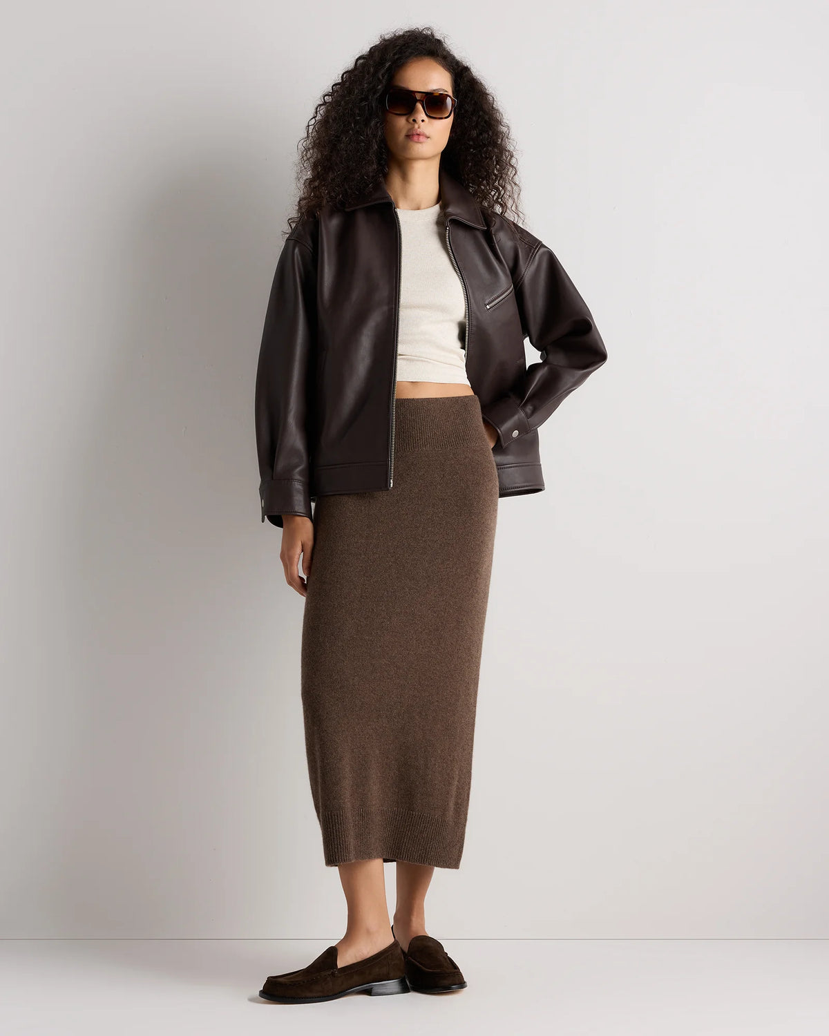 Mongolian Cashmere Fitted Midi Skirt - XS / Brown