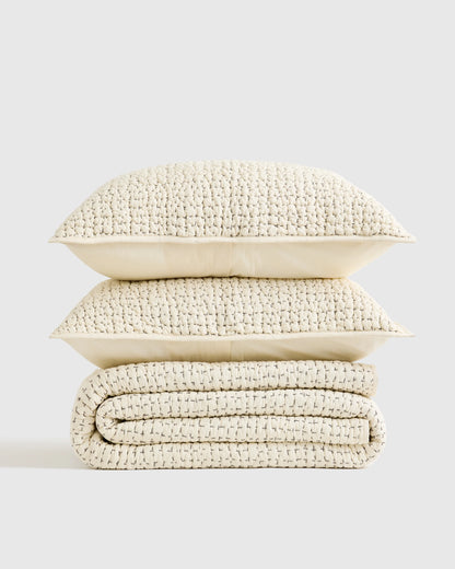 Organic Cotton Hand Stitched Quilt Set - Twin / Stone