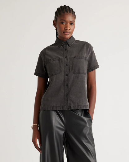 Distressed Denim Short Sleeve Shirt - XS / Light Chambray