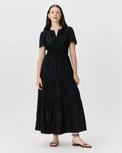 100% European Linen Tiered Maxi Dress - XS / Ivory Porcelain Blue Petite Floral