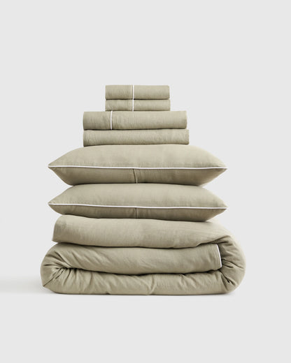 European Linen Piped Deluxe Bedding Bundle - Twin / White/Cherry