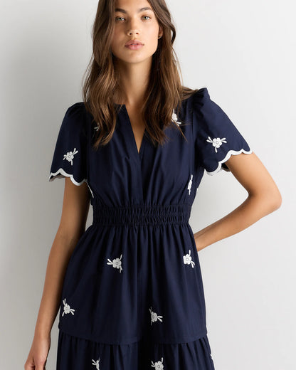 100% Organic Cotton Poplin Embroidered Tiered Maxi Dress - XS / Moonstone Blue