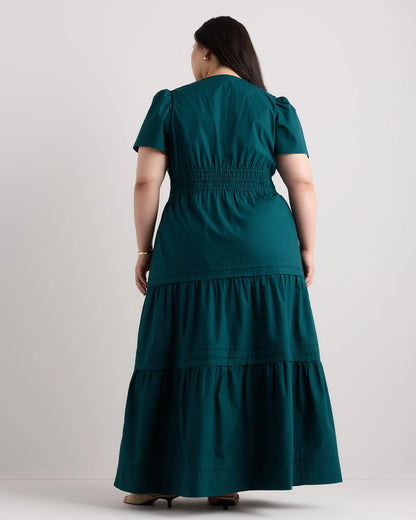 100% Organic Cotton Poplin Tiered Maxi Dress - 1X / Ocean Green
