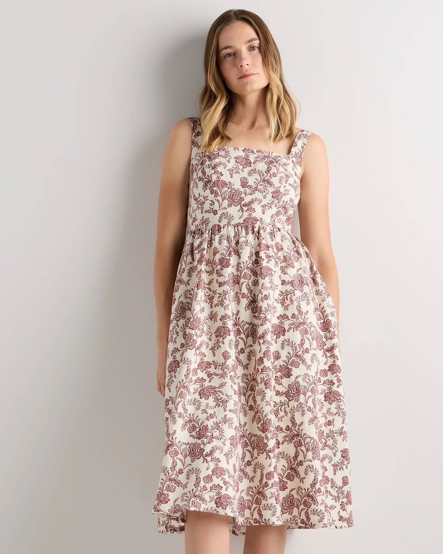 100% European Linen Fit & Flare Midi Dress - XS / Brick Red Heirloom Floral