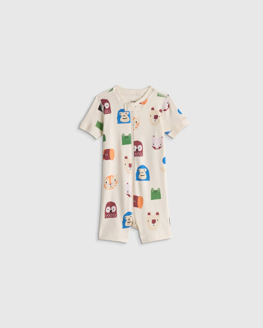 100% Organic Cotton Shortie Onesie Pajama - 0-3M / Animal Faces