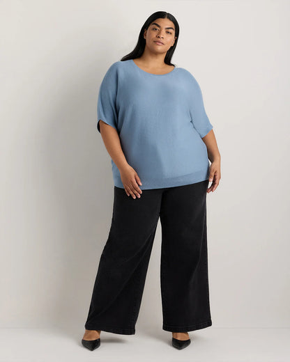 Lightweight Cotton Cashmere Link-Stitch Dolman Sweater - 1X / Orchid Blue Mini Stripe