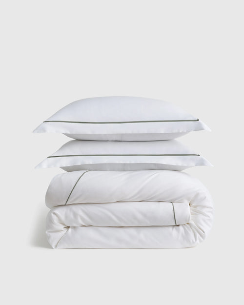 Signature Giza Cotton Sateen Embroidered Duvet Cover Set - Twin / White/Dried Sage