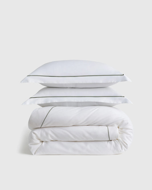Signature Giza Cotton Sateen Embroidered Duvet Cover Set - Twin / White/Dried Sage