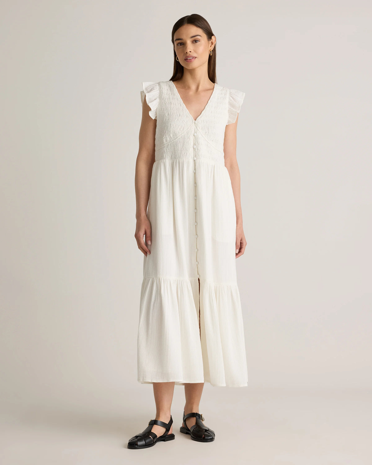 Organic Textured Cotton Smocked V-Neck Midi Dress - XS / Pale Custard Yellow