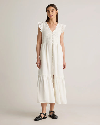 Organic Textured Cotton Smocked V-Neck Midi Dress - XS / Pale Custard Yellow