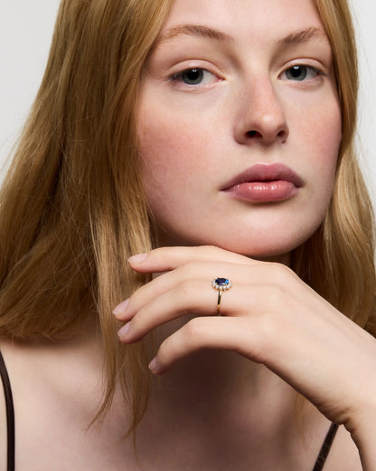 14K Gold Lab Grown Diamond and Blue Sapphire Halo Ring - 4 / Yellow Gold