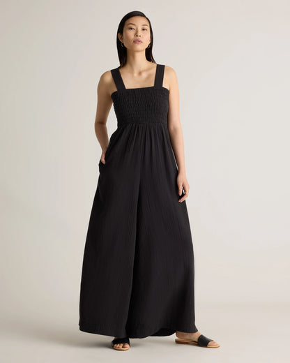 100% Organic Cotton Gauze Smocked Wide Leg Jumpsuit - XS / Wild Cherry