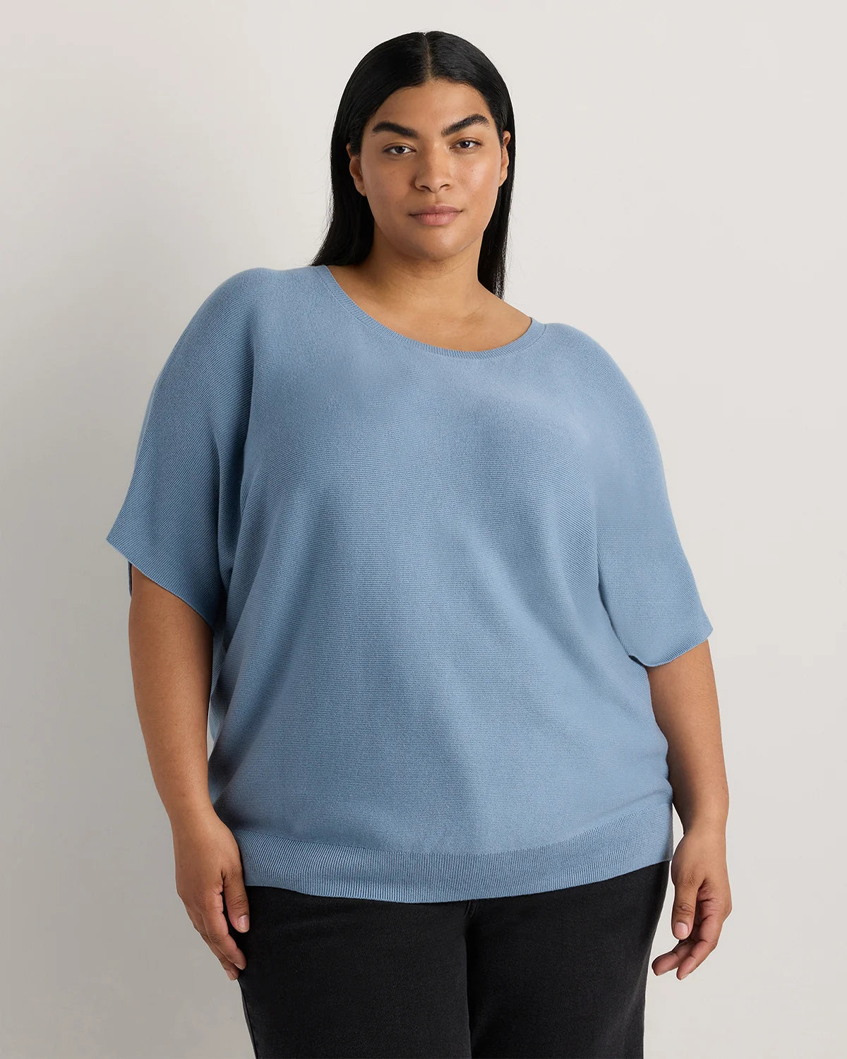 Lightweight Cotton Cashmere Link-Stitch Dolman Sweater - 1X / Orchid Blue Mini Stripe