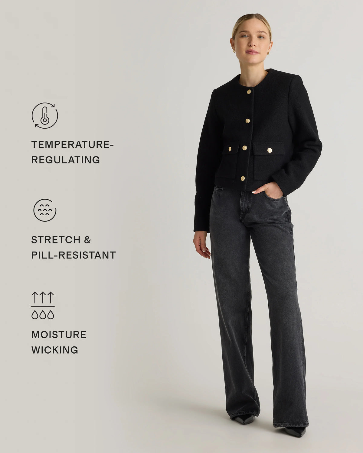 100% Merino Wool Collarless Cropped Jacket - XS / Heather Bone