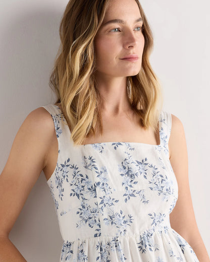 100% European Linen Fit & Flare Midi Dress - XS / Ivory Porcelain Blue Petite Floral