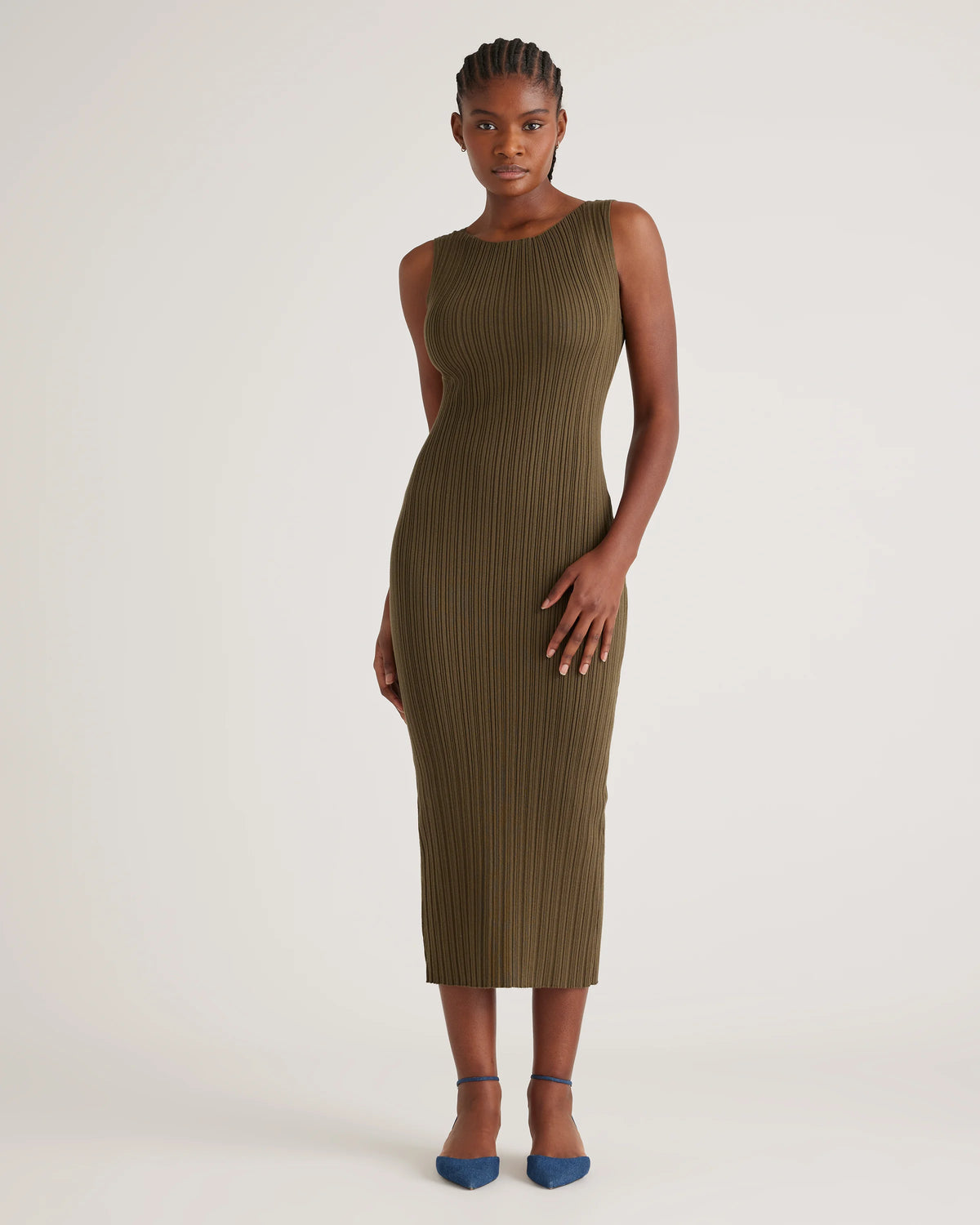 Cotton Cashmere Ribbed Sleeveless Midi Dress - XS / Heather Oatmeal