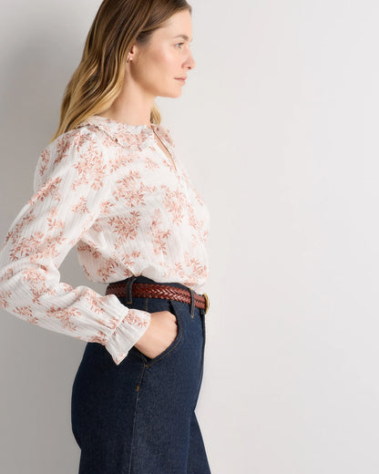 Embroidered Cotton Ruffle Collar Long Sleeve Blouse - XS / Ivory Rose Pink Petite Floral