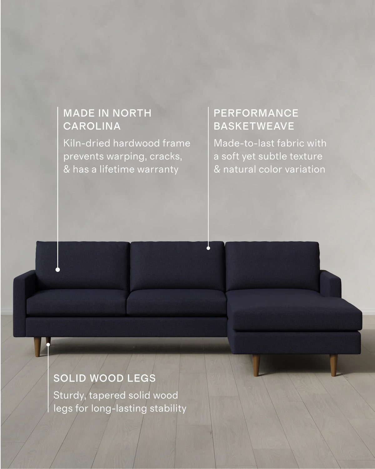 Atlas Midcentury Chaise Sectional in Performance Basketweave - 106" Right Arm / Navy