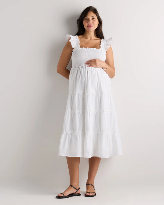 100% Organic Cotton Poplin Maternity Smocked Midi Dress - XS / Classic White