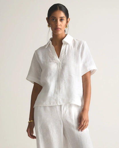 100% European Linen Short Sleeve Popover Top - XS / Blue Pinstripe