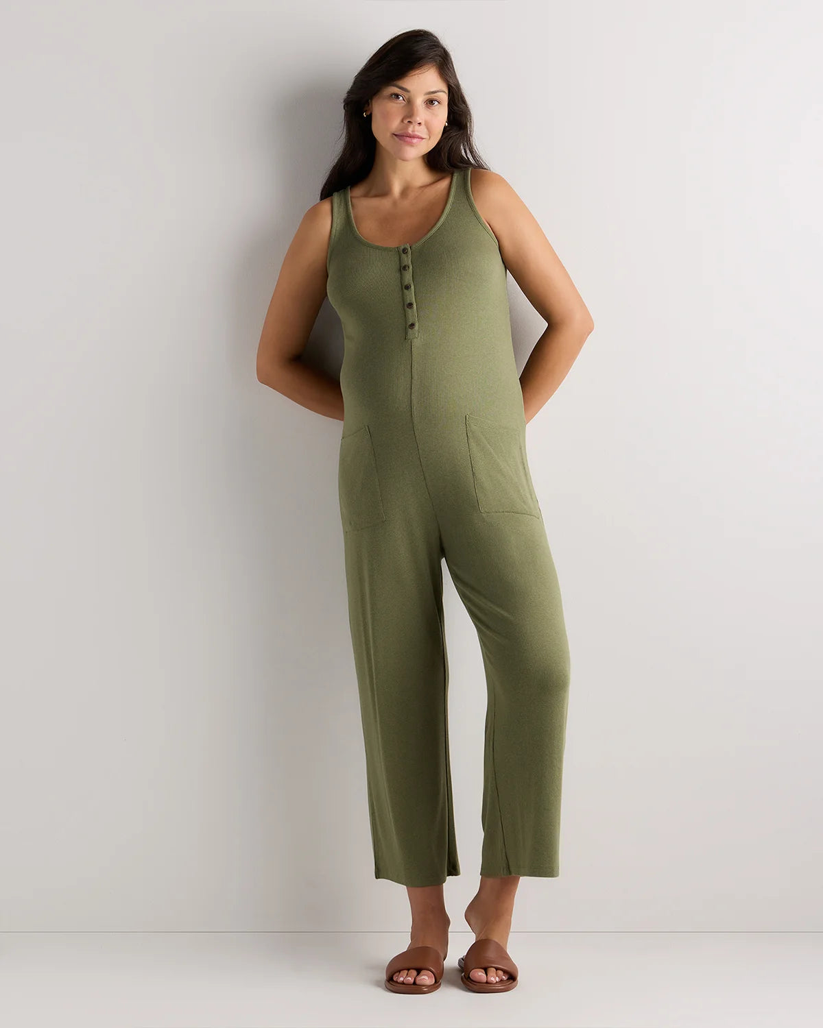 Bamboo Rib Maternity Button Front Jumpsuit - XS / Green Tea