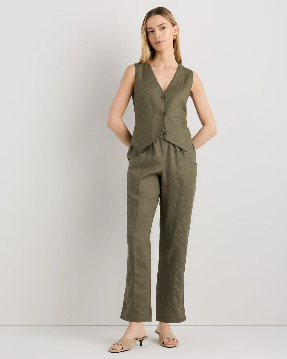 100% European Linen Tapered Ankle Pants - XS / Blue Pinstripe