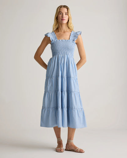 100% Organic Cotton Poplin Smocked Midi Dress - XS / Riviera Blue Heirloom Floral