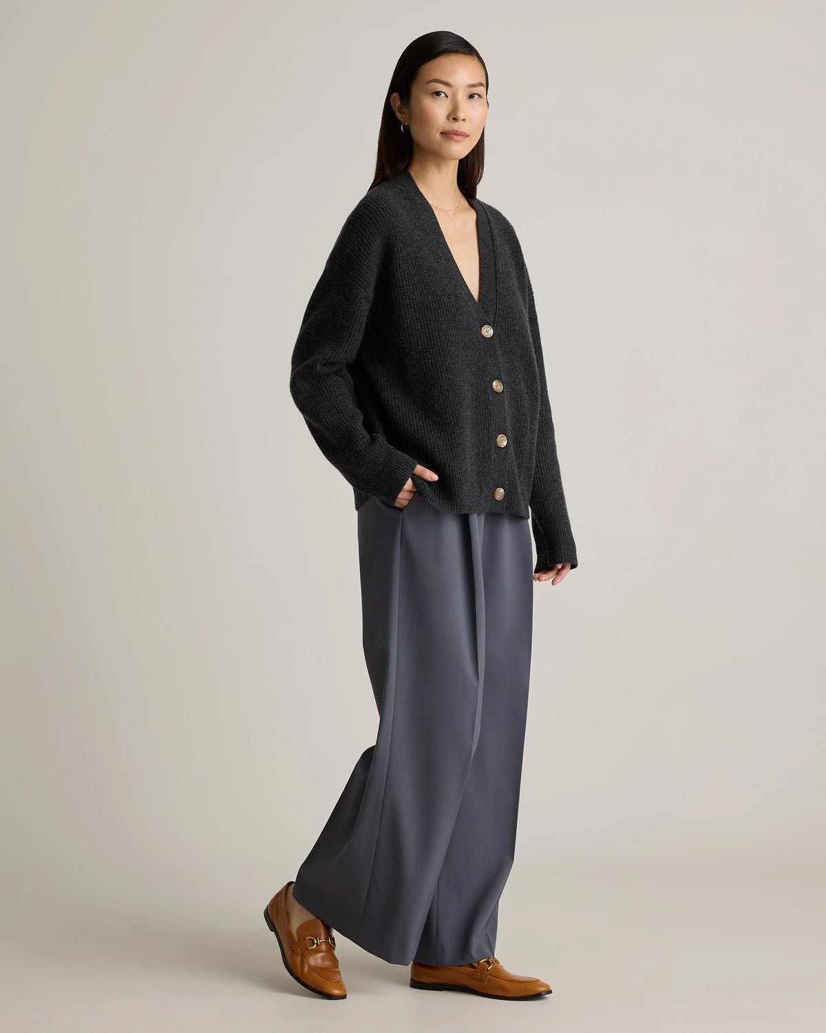 Mongolian Cashmere Fisherman Boxy Cropped Cardigan Sweater - XS / Faded Denim