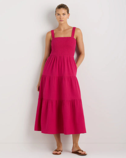 100% Organic Cotton Gauze Smocked Sleeveless Maxi Dress - XS / Blue Gingham