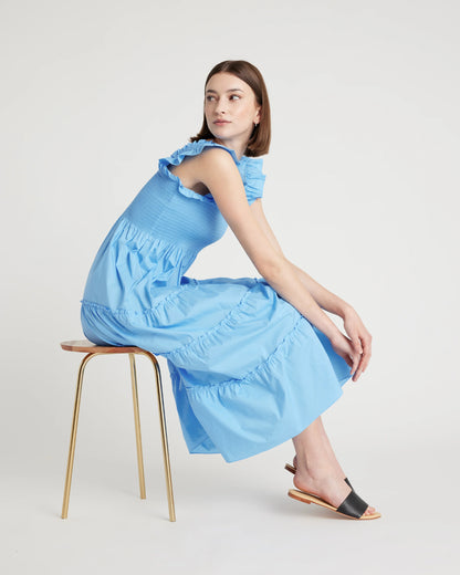 100% Organic Cotton Poplin Smocked Midi Dress - XS / Riviera Blue Heirloom Floral