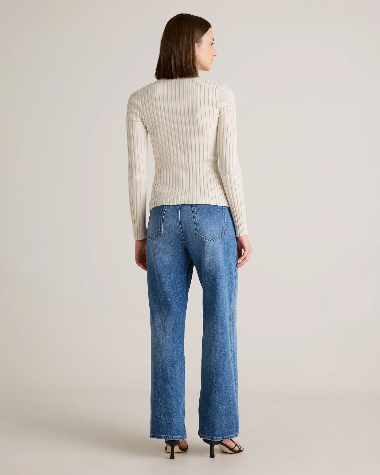 Cotton Cashmere Ribbed Long Sleeve Sweater - XS / Sugar Stone