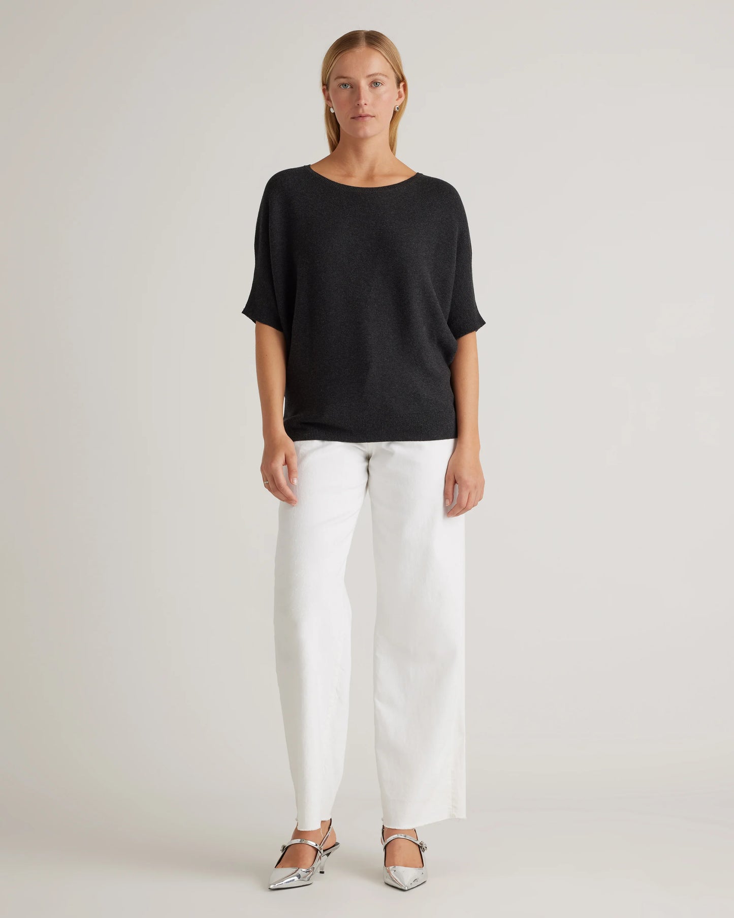 Lightweight Cotton Cashmere Link-Stitch Dolman Sweater - XS / Sugar Stone
