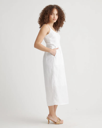 100% European Linen Scoop Neck Midi Dress - XS / Ivory Porcelain Blue Petite Floral