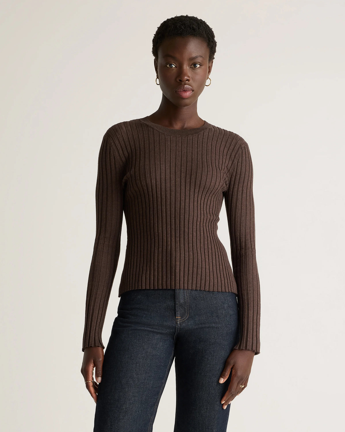 Cotton Cashmere Ribbed Long Sleeve Sweater - XS / Sugar Stone