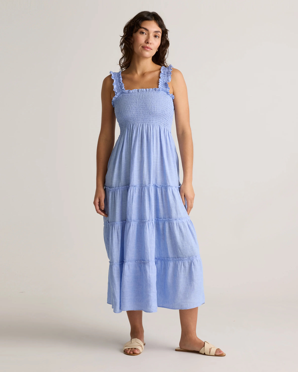 100% European Linen Smocked Midi Dress - XS / Ivory Porcelain Blue Petite Floral