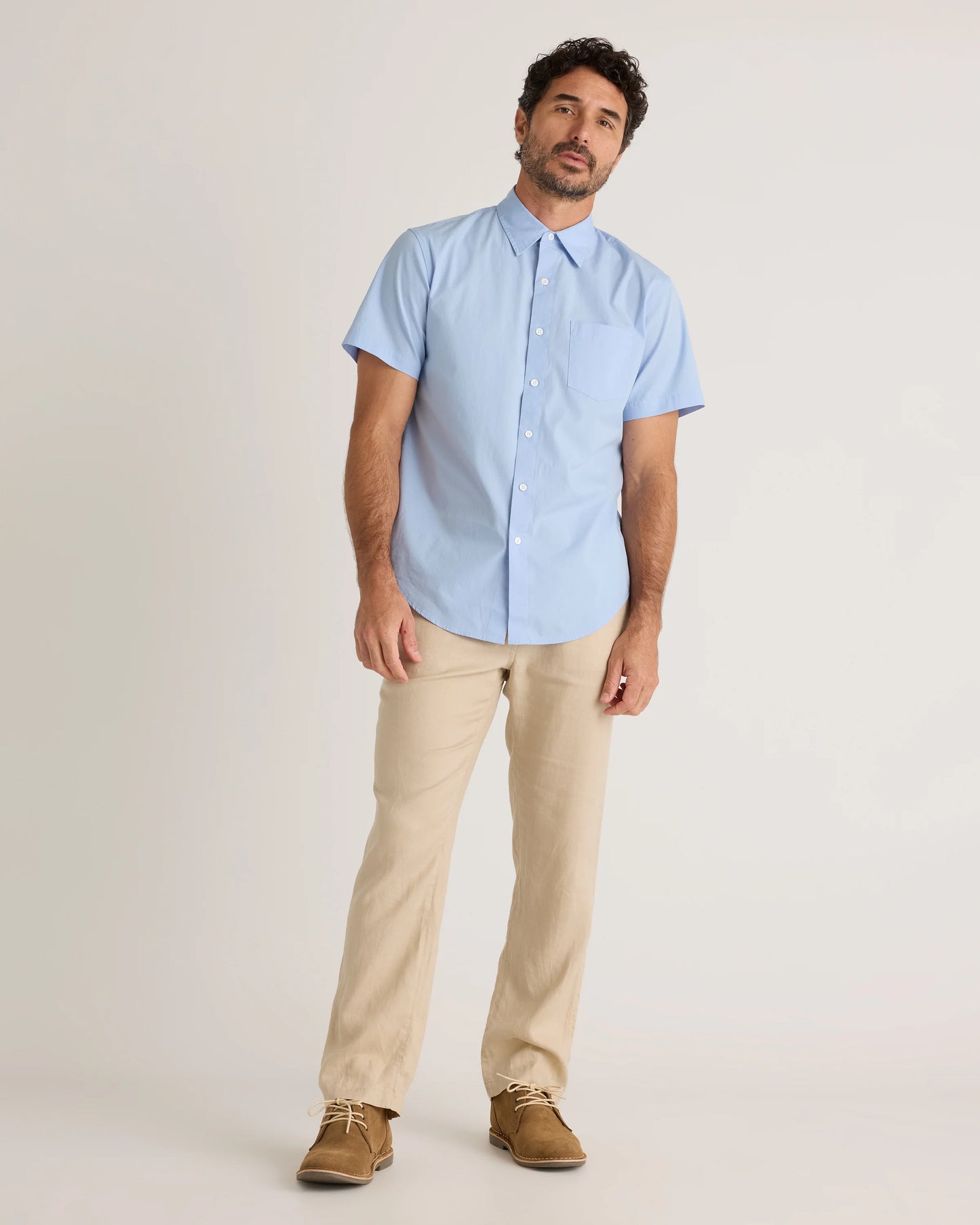 Organic Cotton Stretch Poplin Short Sleeve Shirt - S / Light Blue