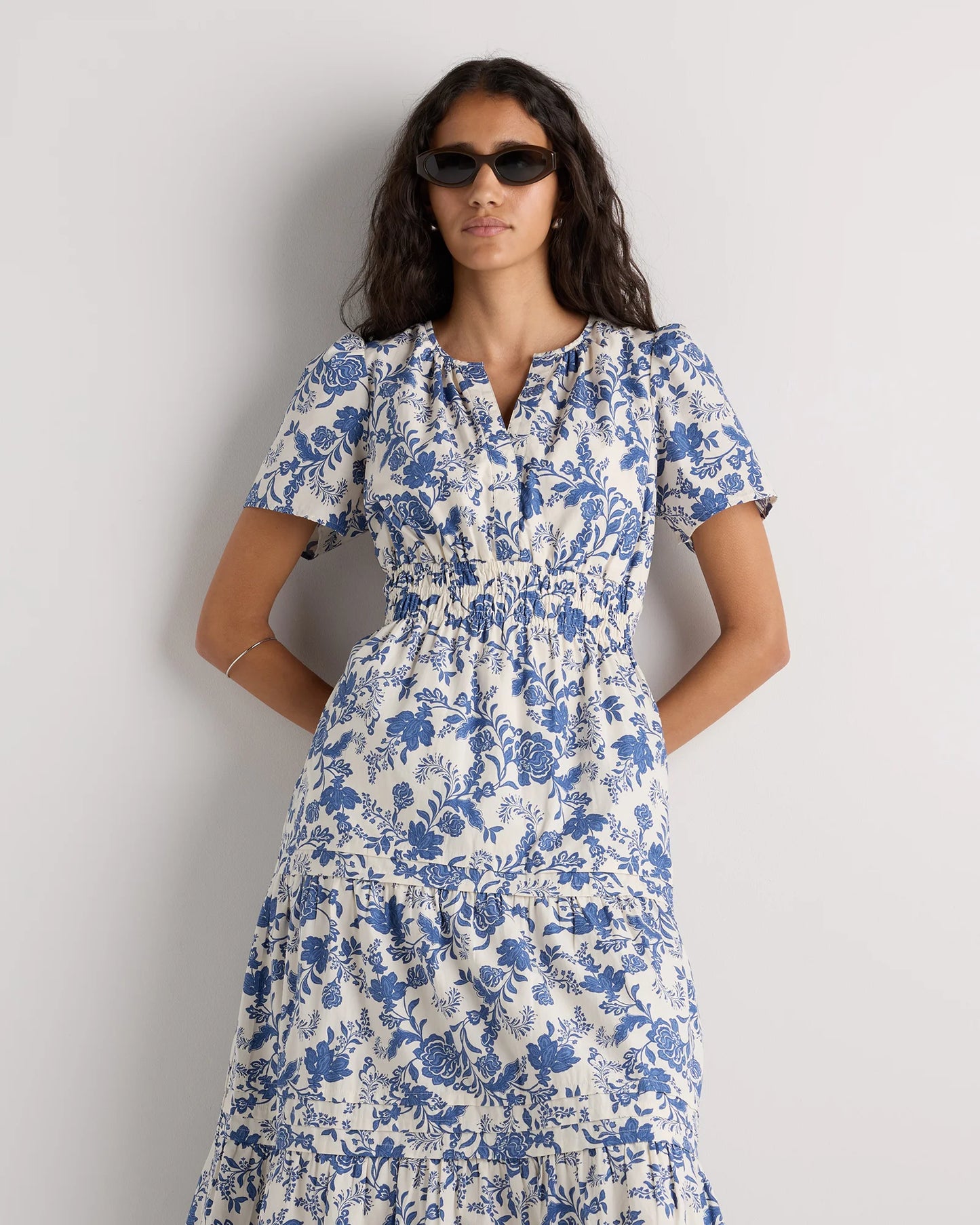 100% Organic Cotton Poplin Tiered Maxi Dress - XS / Riviera Blue Heirloom Floral