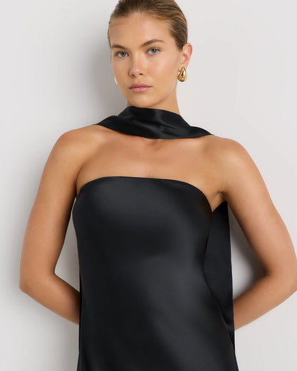 100% Washable Silk Strapless Scarf Maxi Dress - XS / Black