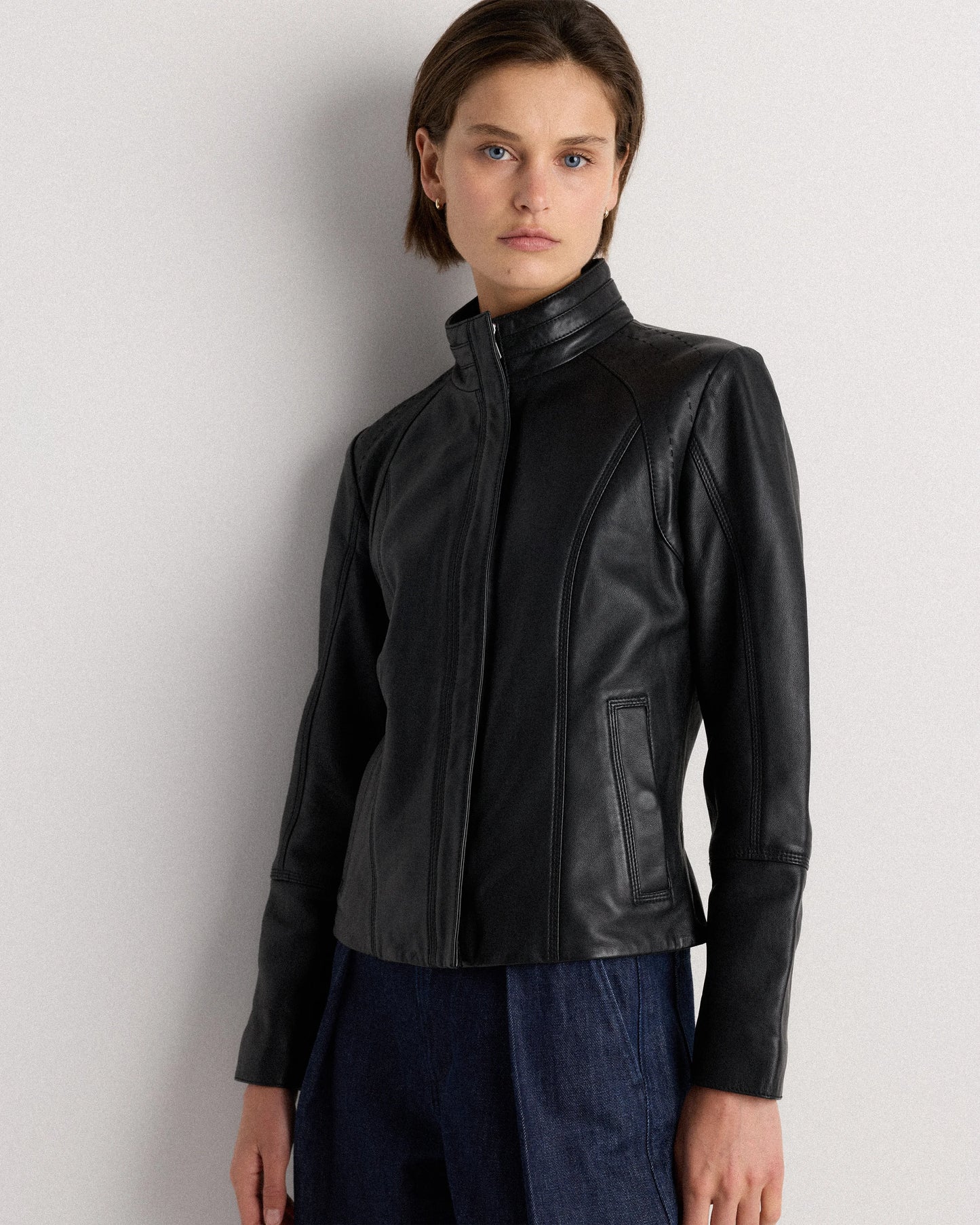 100% Leather Stand-Collar Jacket - XS / True Black