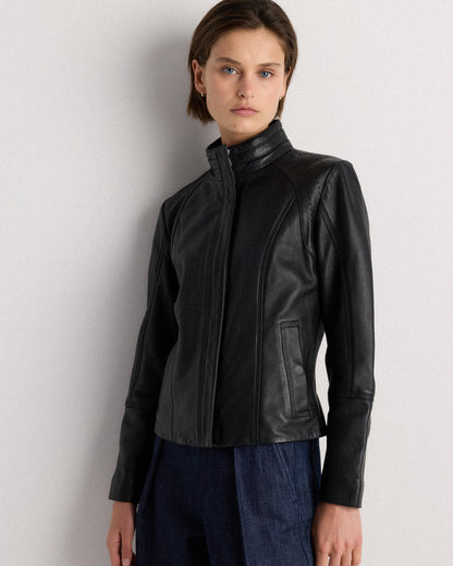 100% Leather Stand-Collar Jacket - XS / True Black